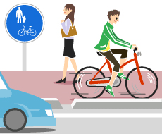 騎單車請騎到車道的左側。如果是單車也能騎的行人道上的話，請小心慢行騎在靠車道側。請特別小心行人安全。