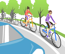 不可以2台以上的單車並行著騎。需要跟在前面的人之後，排成1排前進。