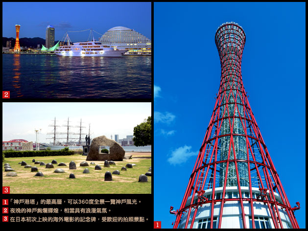 1.「神戶港塔」的最高層，可以360度全景一覽神戶風光。2.夜晚的神戶絢爛輝煌，相當具有浪漫氣氛。3.在日本初次上映的海外電影的記念碑，受歡迎的拍照景點。